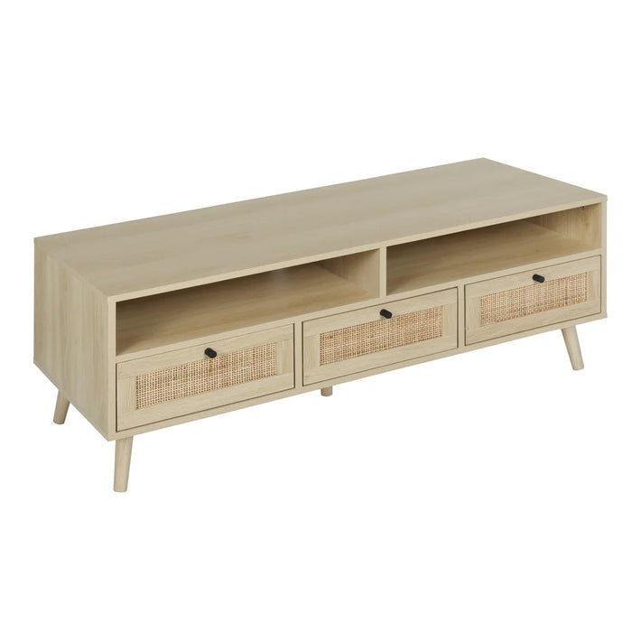 BOUSSAC Rattan TV Stand with Solid Wood Feet, TV Storage Shelf Cabinet, Modern TV Console Table for Home and Office, Natural