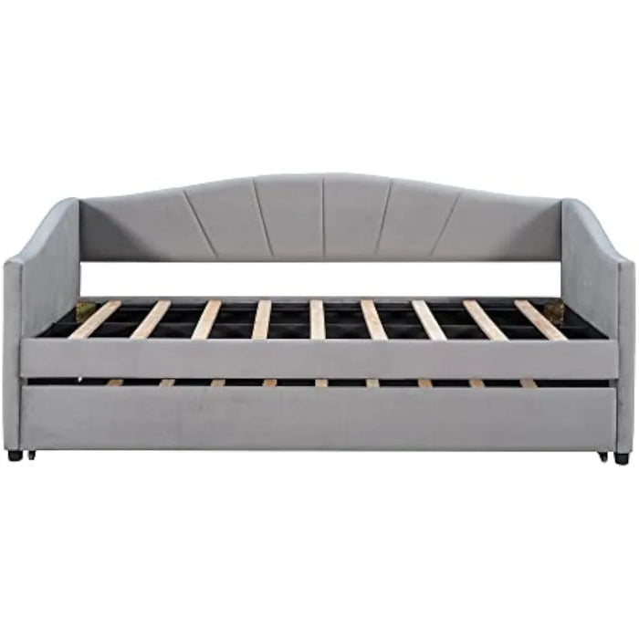 GJHOME Upholstered Daybed Sofa Bed Twin Size with Trundle Bed and Wood Slat,Gray