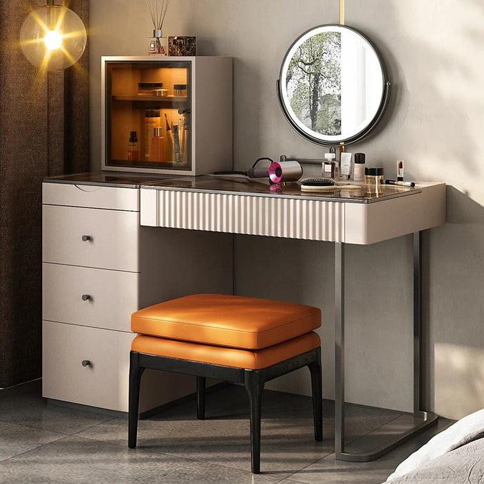 Italian Minimalist High-End Vanity Table: Bedroom, Modern, Simple, Luxurious Makeup Desk with Integrated Storage Cabinet.