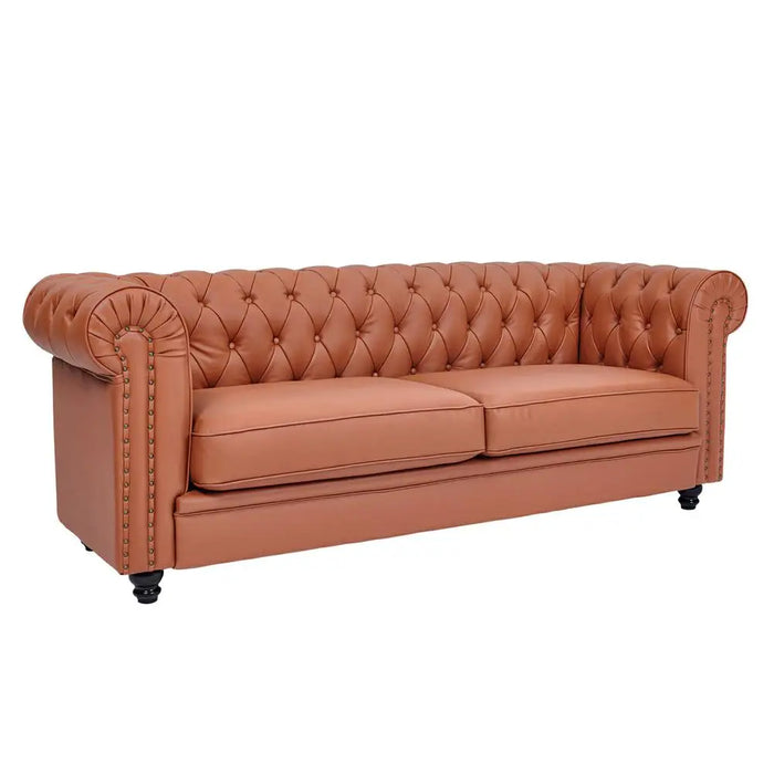 Light Brown Half Genuine Leather Chesterfield Style Sofa Couch 3-Seater With Cushions