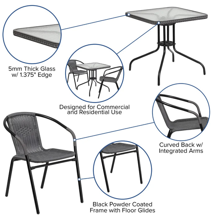 BOUSSAC 28'' Square Glass Metal Table with Gray Rattan Edging and 2 Gray Rattan Stack Chairs,Garden Furniture Sets