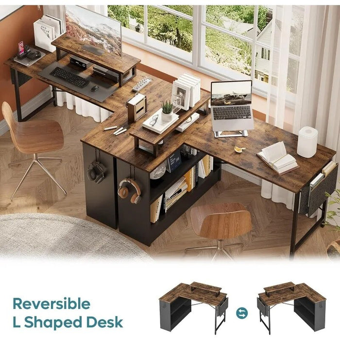 L Shaped Desk with Storage Reversible Corner Computer Desk, Writing Study Desk for Home Office Small Space Bedroom Apartment