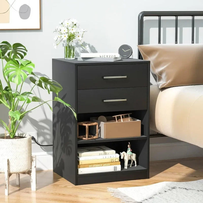 Irontar Nightstands Set of 2, Night Stand with Charging Station, Bedside Table with Removable Shelf, End Table with Open Storage