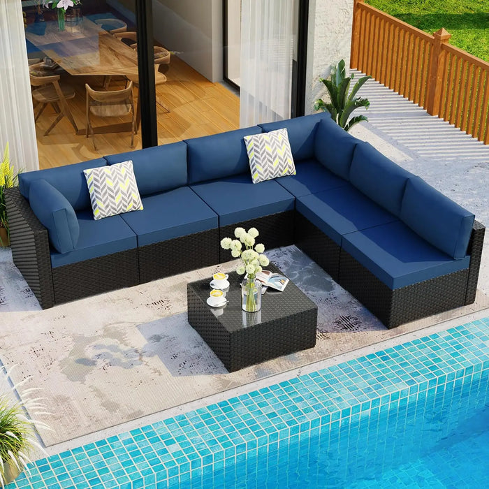 Shintenchi 7 Pieces Outdoor Patio Sectional Sofa Couch, Black Wicker Furniture Conversation Sets with Washable Cushions