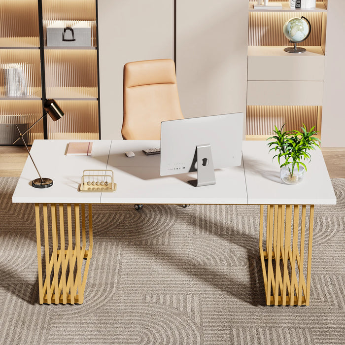 Tribesigns 70.9" Modern Office Desk, Wooden Computer Desk, White Executive Desk with Gold Metal Legs, Large Workstation for Home