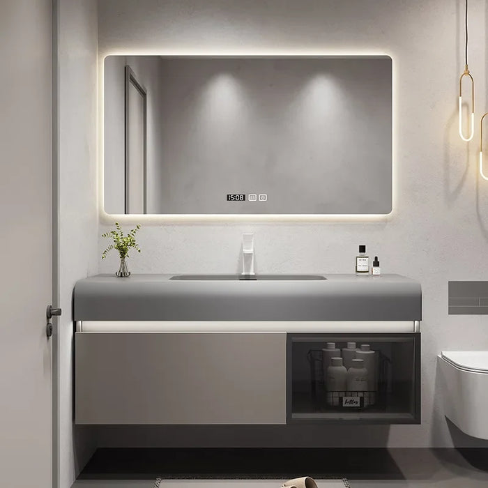 Bathroom Cabinet Slate Integrated Washbasin Vanity and Sink Combo Cabinet Undermount Chrome Faucet Drain with Mirror Cabinet Set