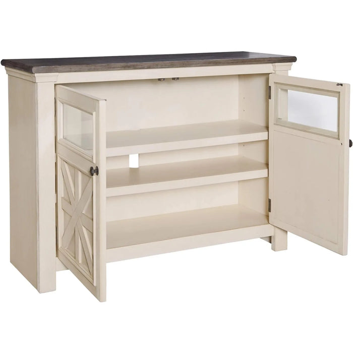 Farmhouse TV Stand Fits TVs up to 48", 2 Cabinet Doors and Adjustable Storage Shelves, Whitewash & Light Brown