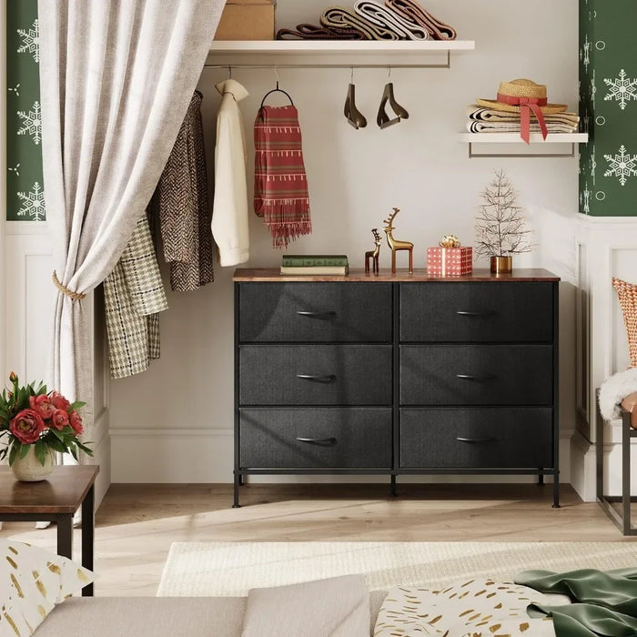 Entryway Toilet Furniture Makeup Fabric Storage Dresser for Bedroom Vanity Desk Hallway Wooden Top Wide Dresser With 6 Drawers