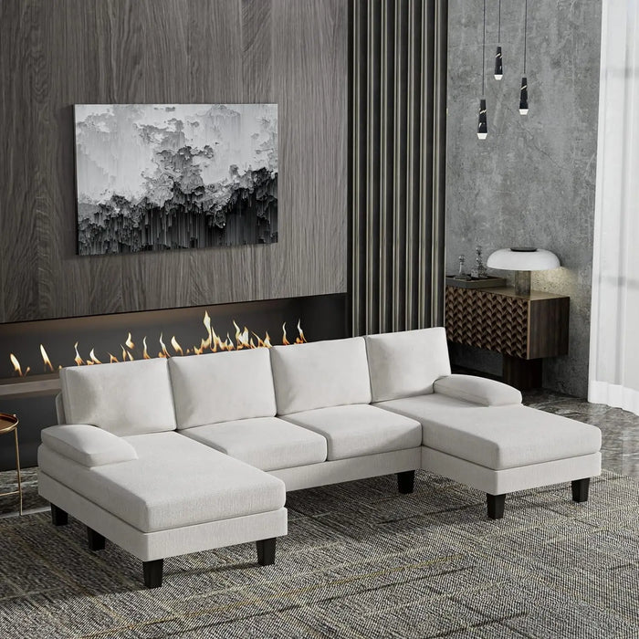 Living Room with Throw Pillows, U-Shaped Modern Minimalist Fabric Modular Sofa with Double Chaise & Memory Foam (White)