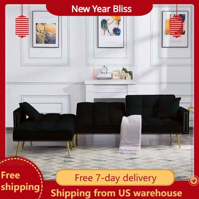 Velvet convertible sofa bed, double-sided chaise longue for living room furniture set, modular L-shaped corner sofa