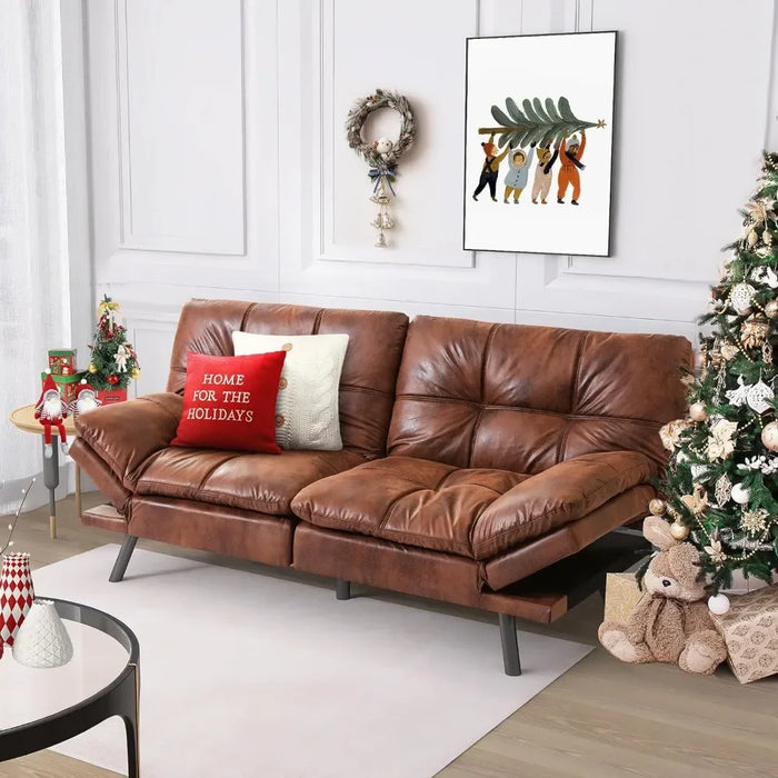Convertible Futon Sofa Bed,Memory Foam Loveseat,Small Euro Lounger Sofa For Compact Living Spaces,Living Room,Brown Leather