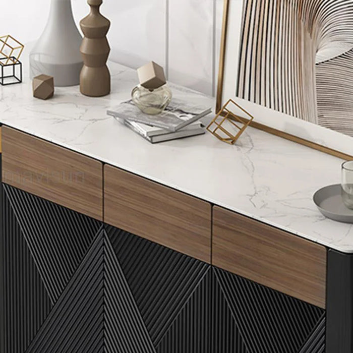Black Sideboard For Dining Or Living Room Modern Home Furniture Rock Slab Table Top Cupboard Solid Wood Hallway Storage Cabinet