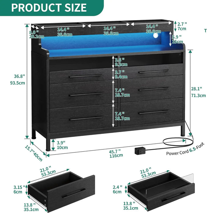 YITAHOME 6 Drawer Dressers & Chests of Drawers with LED Light, Modern Dresser with Open Shelf Storage, Black Vanity