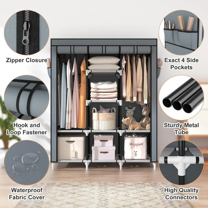 Portable Closet Wardrobe for Hanging Clothes, Sturdy Large Wardrobe Closet for Bedroom Free Standing Clothes Rack with Cover