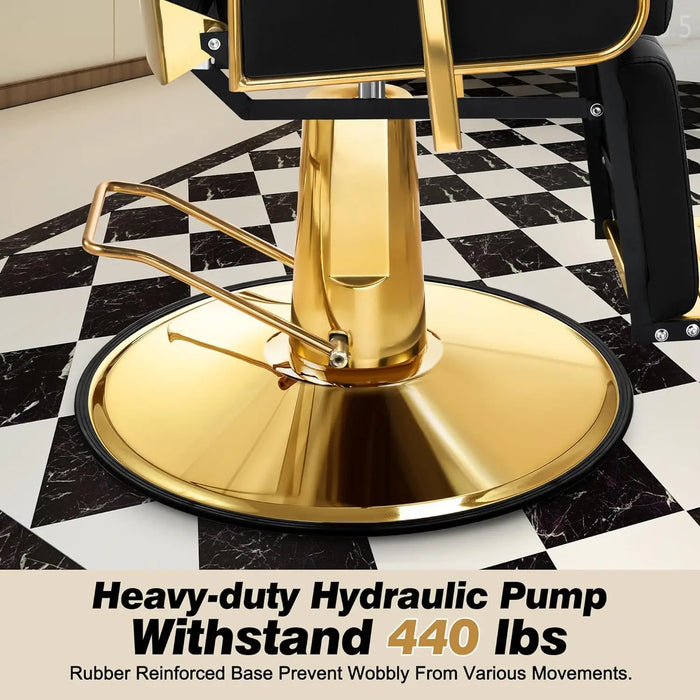 Professional Reclining Salon Chair with Adjustable Backrest Elegant Black Gold Barber Chair with Heavy Duty Steel Frame