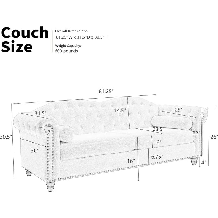 Upholstered Sofa Couch with Deep Seats, Comfy Chesterfield Leather Sofa with 2 Pillows, Traditional Tufted Sofa for Living Room