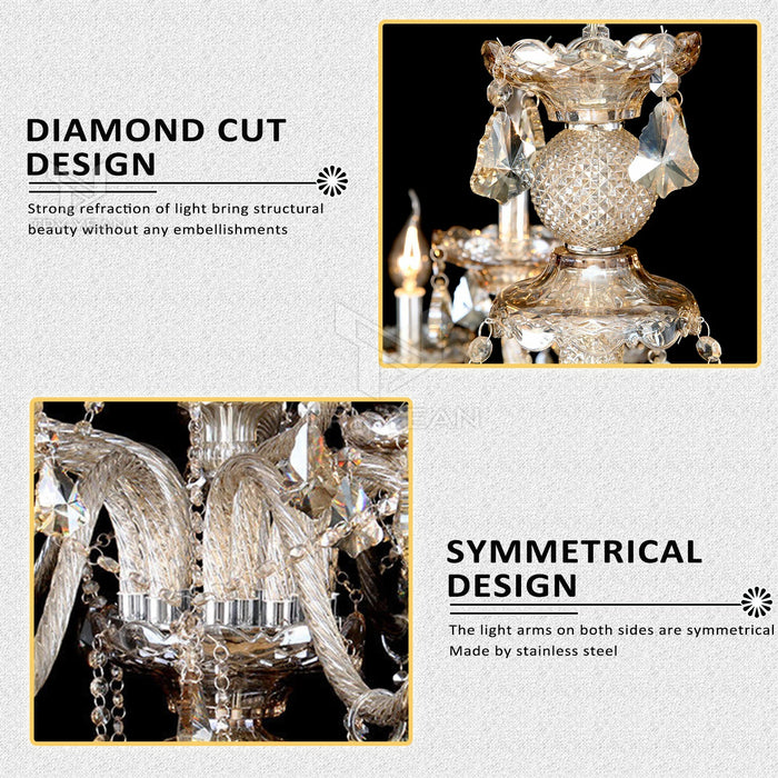 TRY-YEAN Luxurious 15 Lights Chandeliers Cognac Crystal Chandelier Adjustable Hanging Ceiling Pendant Light Vintage Lighting