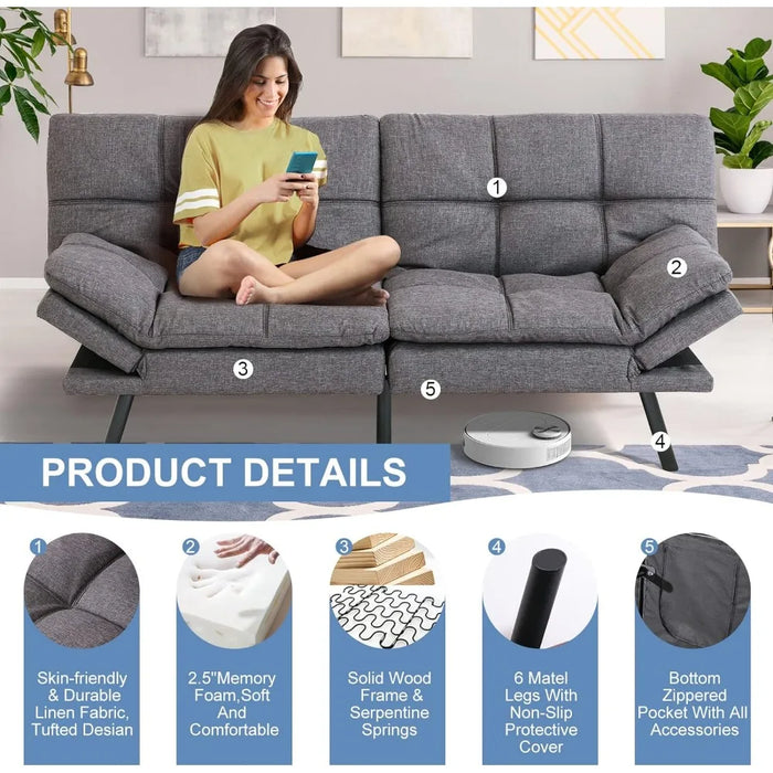 Futon Sofa Bed Memory Foam Futon Sofa Sleeper Couch,Convertible Modern Futon,w/Adjustable Armrests Backrest,Linen Fabric