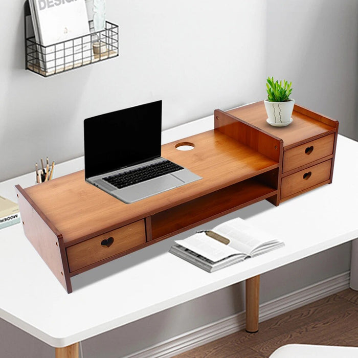 Bamboo Wood Monitor Stand with Storage Organizer Drawers Desktop Laptop Shelf Risers Stand for Home Office Use