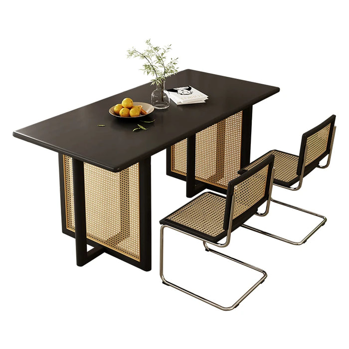 Nordic solid wood rattan dining table and chairs combined with modern simple retro French ash wood black dining table