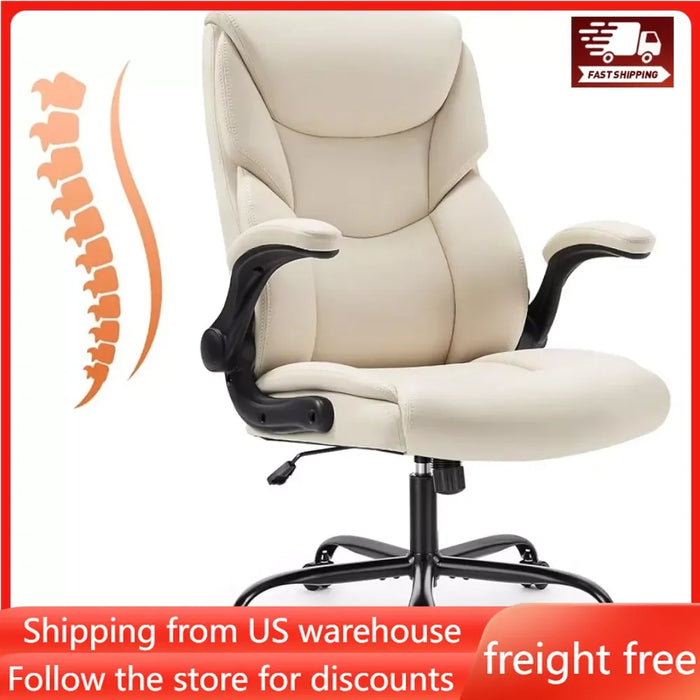 Office Chair Cream Ergonomic High Back Heavy Duty Task Chair With Flip-up Arms PU Leather Free Shipping Chairs Swivel Furniture