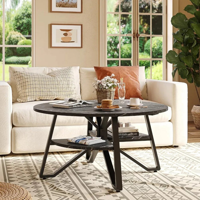 Coffee Table Round Marble Furniture with Storage Sturdy Metal Legs Living Room