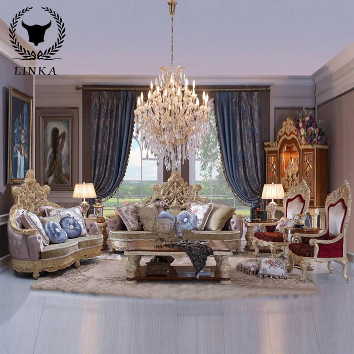 Custom European sofa luxury real wood leather 123 French hand carved tea table side table