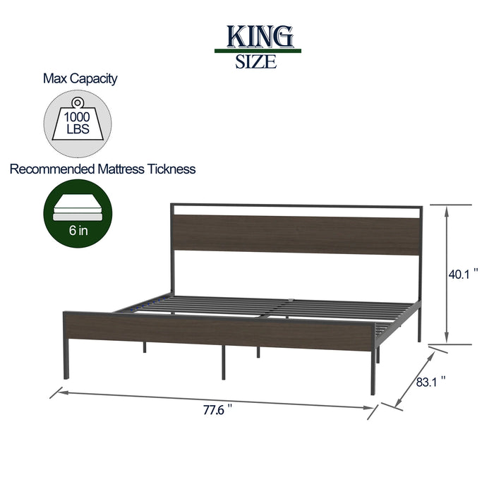 [Flash Sale]King/Queen Size Ceres Metal Bed Frame Black with Walnut/Cinnamon Wood Headboard&Footboard[US-W]