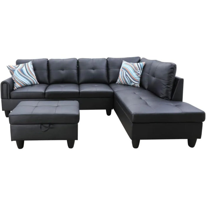 L-Shaped Faux Leather Sectional Sofa, With footstool and 2 living room throw pillows, Modular Sofa with Button Nailhead Decor