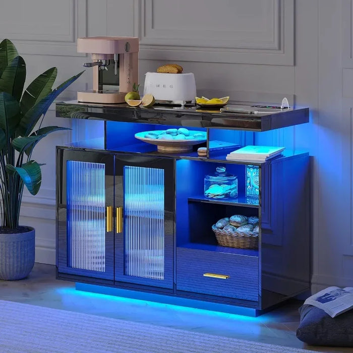 39.4" Modern LED Sideboard Buffet Cabinet with Charging Station, High Glossy Cupboard with Body Sensor Light, Coffee Bar Cabinet