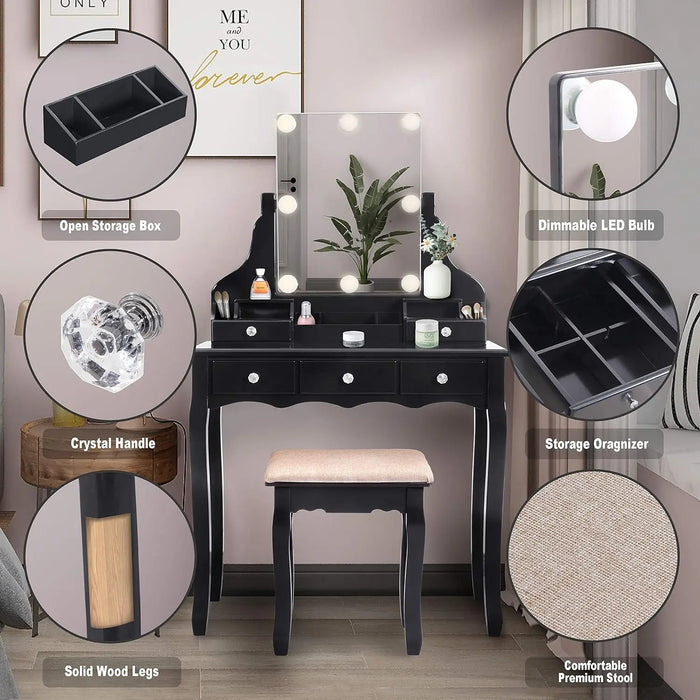 ENSTVER Vanity Set with Dimmer LED Light Bulbs,Makeup Table with Frameless Mirror and Cushioned Stool,5 Drawers,So
