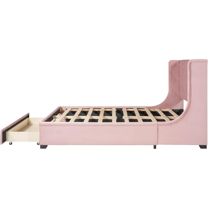 Large Upholstered Platform Bed Frame with Storage Drawers, Velvet Bed Frame, Sturdy Wooden Slatted Support, Pink