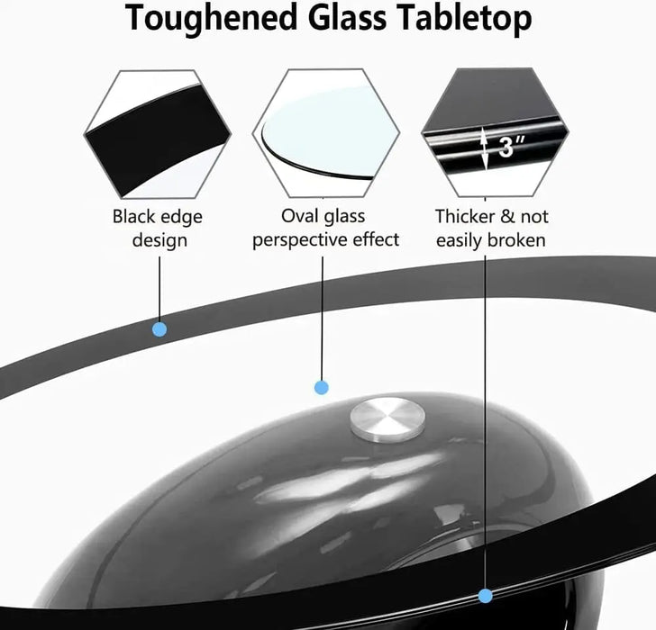 Black Oval Glass Coffee Table with Round Hollow Base-Modern End Side Coffee Table for Home Living Room Furniture