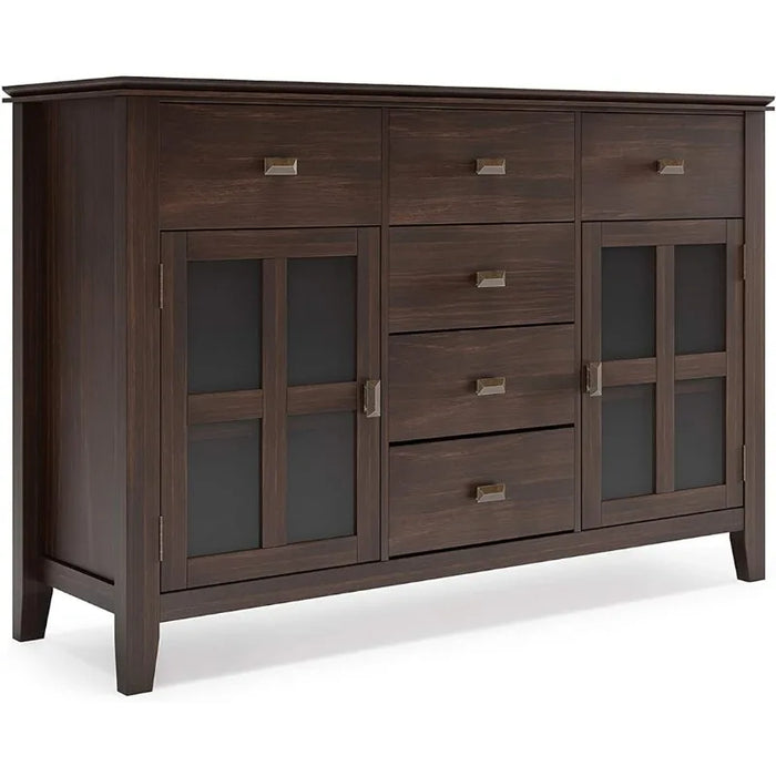 olid Pine Wood 54 inch Contemporary Sideboard Buffet Credenza in Dark Chestnut Brown features 2 Doors, 6 Drawers and 2 Cabinets