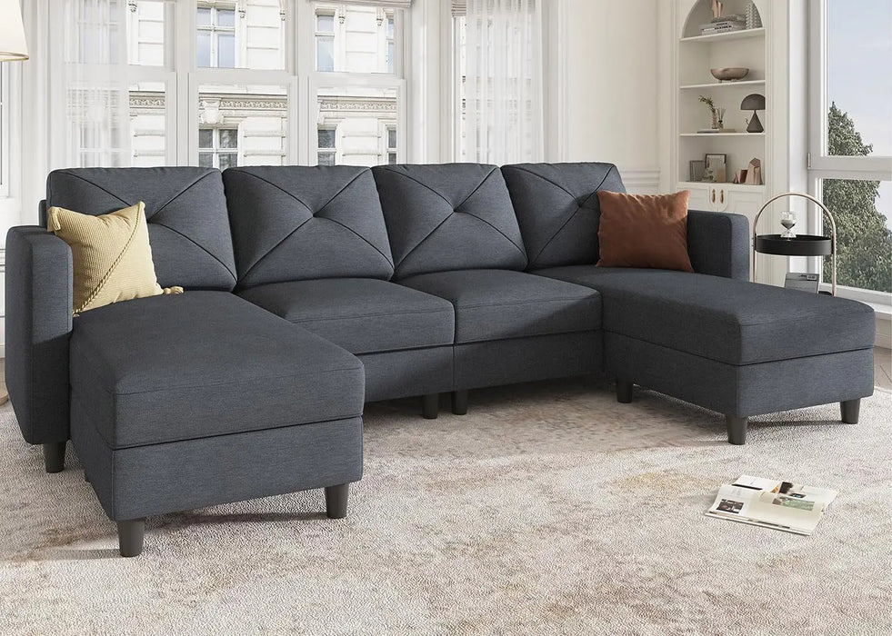 Convertible Sectional Sofa U Shaped Couch 4 Seat Sofa with Double Chaises for Living Room/Bedroom