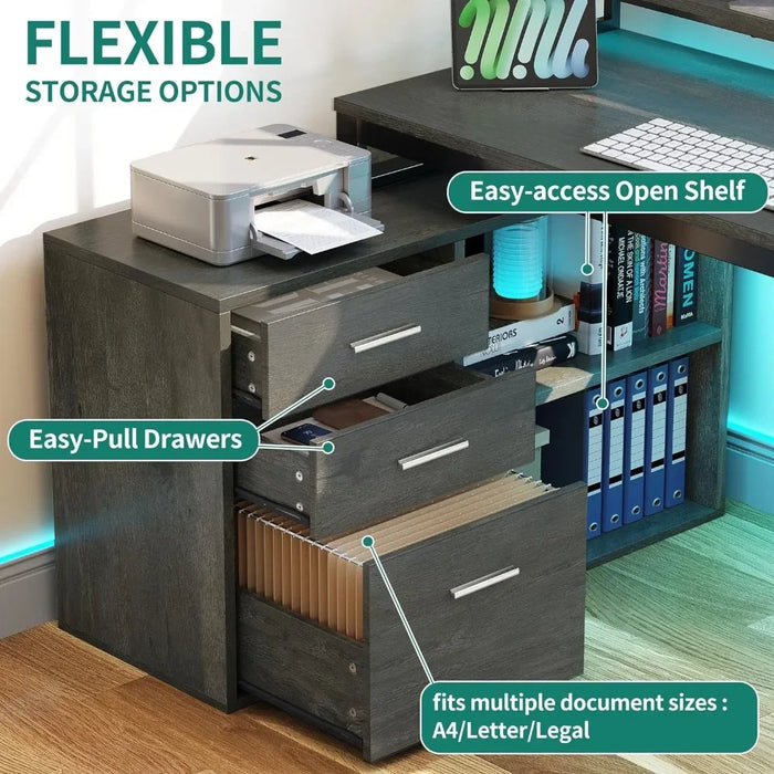 L-shaped Table with 3 Drawers, Corner Computer Desk with Power Socket and LED Light, Filing Cabinet with Home Office