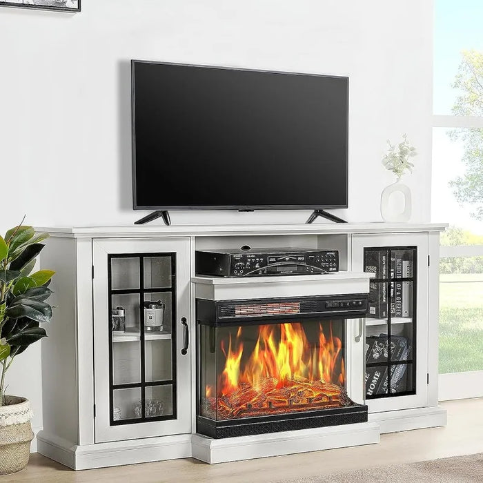 Fireplace TV Stand 59" Media Entertainment Center with Farmhouse Glass Door Storage Cabinet, TV Console Table for TVs up to 65"