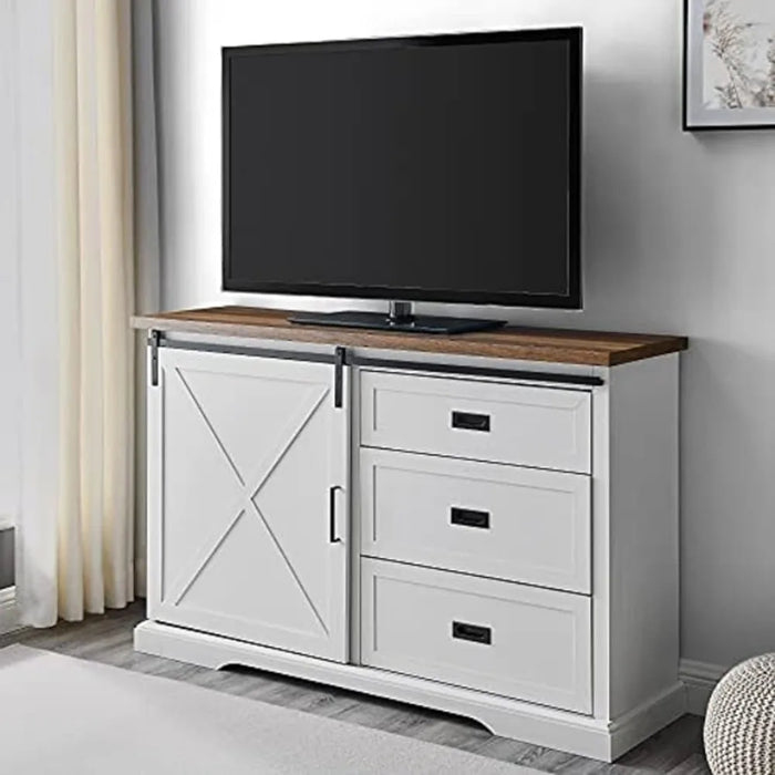 TV Cabinet Wood Sliding x Barn Door Living Room Entrance Service Locker Door - Media Console, 56", White & Rustic Oak