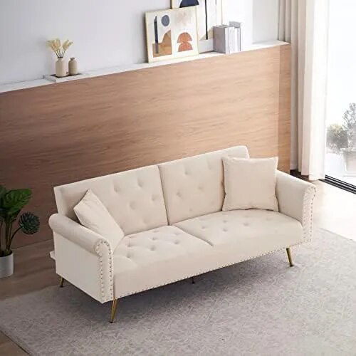 Sofa Loveseat Convertible Sleeper Couch Bed for Small Space Apartment Office Living Room Furniture Sets Sofabed, Beige Velvet wi