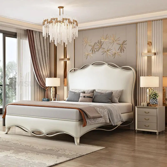 Luxury Style Bedroom Frame Set Solid Wood High Elastic Sponge Leather Bedside Table Large Storage Comfortable Double Bed Supplie