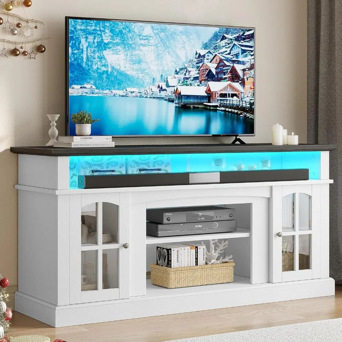 TV cabinet with socket, storage rack, and cabinet glass door, adjustable, can hold 400 pounds, for living room, white