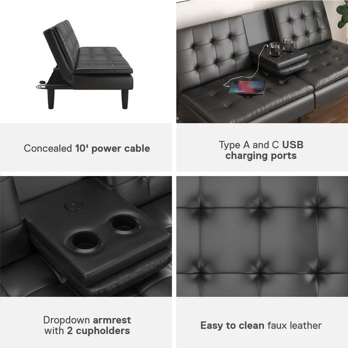 2024 New Memory Foam Futon Modern Sofa Couch with Cupholder and USB, Black Faux Leather