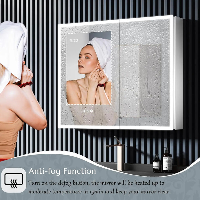 Medicine Cabinet W/Lights, 36×30 Inch Lighted Medicine Cabinet W/ Mirror, 2 Door Bathroom Mirror Cabinet W/2 Outlets & USB Ports