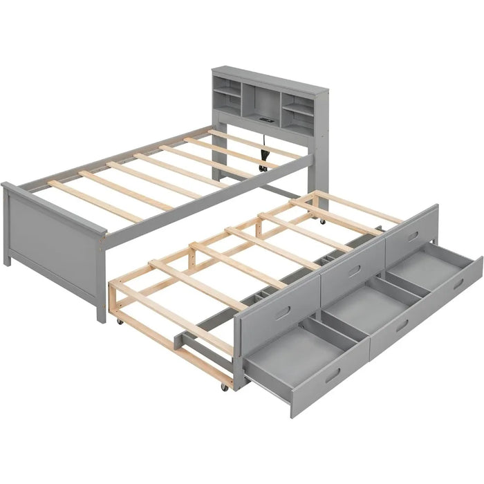 Twin platform bed with storage headboard, solid wood captain bed with twin castors, 3 drawers and USB plug