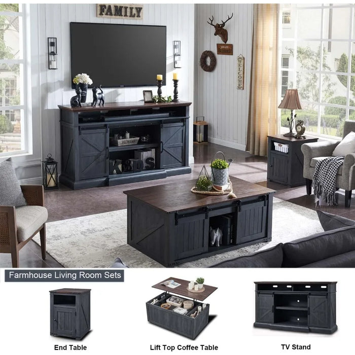 SinCiDo Farmhouse TV Stand for 80 Inch TVs, 39" Tall Entertainment Center w/Double Sliding Barn Door, Large Media Console