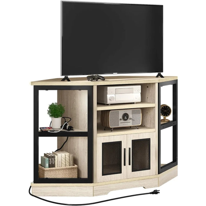 TV Bench with Power Outlet, Media Console Table with 6 Open Storage Shelves for Living Room, Corner TV Stand, 47" White Oak