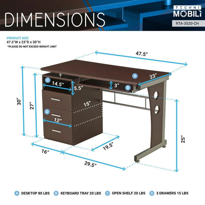 Techni Mobili Computer Desk with Ample Storage,Office Furniture, Chocolate