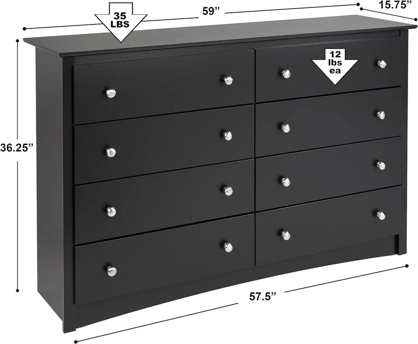 Prepac Sonoma 8 Drawer Double Dresser for Bedroom, 15.75" D x 59" W x 36.25" H, Black