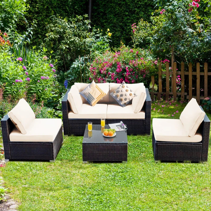 5 Pieces Cushioned Patio Rattan Furniture Set with Glass Table Garden Outdoor Table and Chairs Set