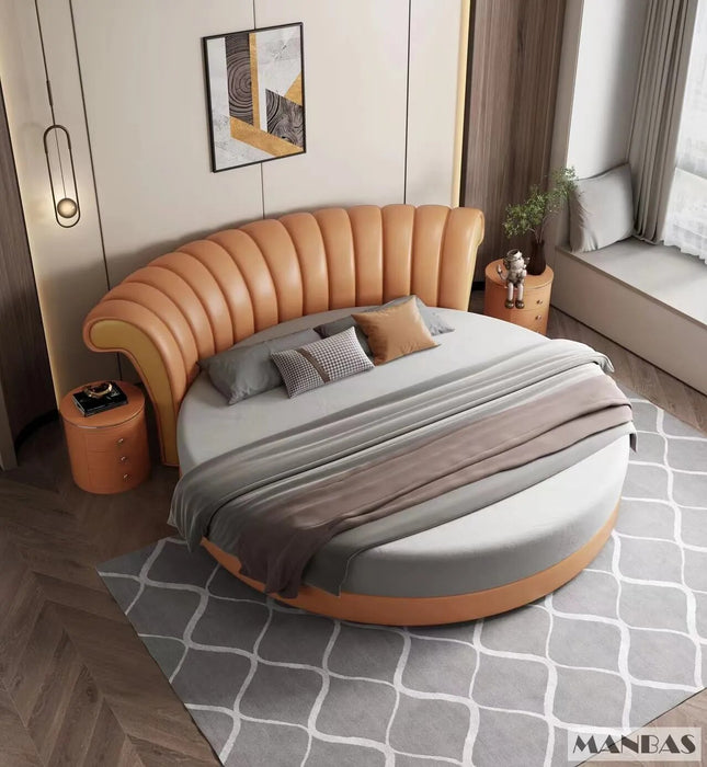 Upgrade Your Sleeping Experience with Linlamlim Round Leather Bed Frame Italian Genuine Leather Double Beds Lit 2 Personnes
